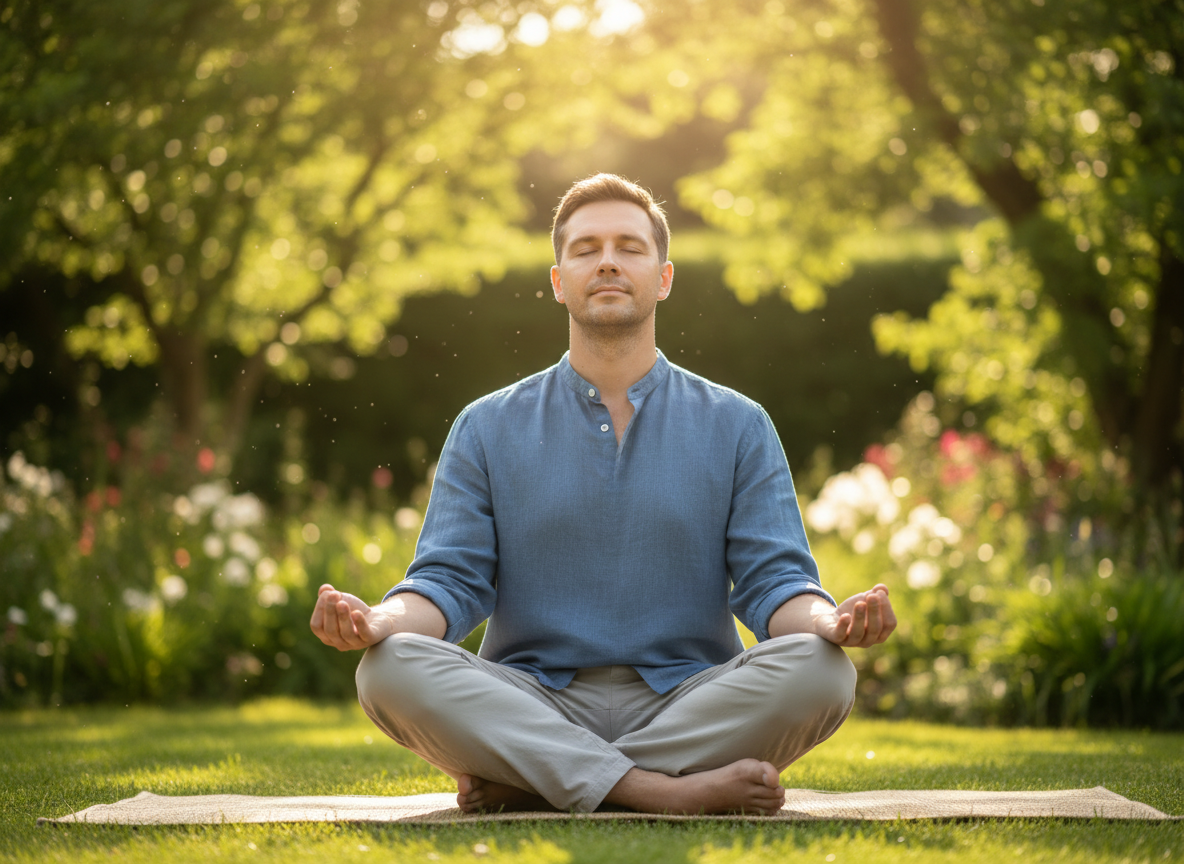 man meditating outside on grass